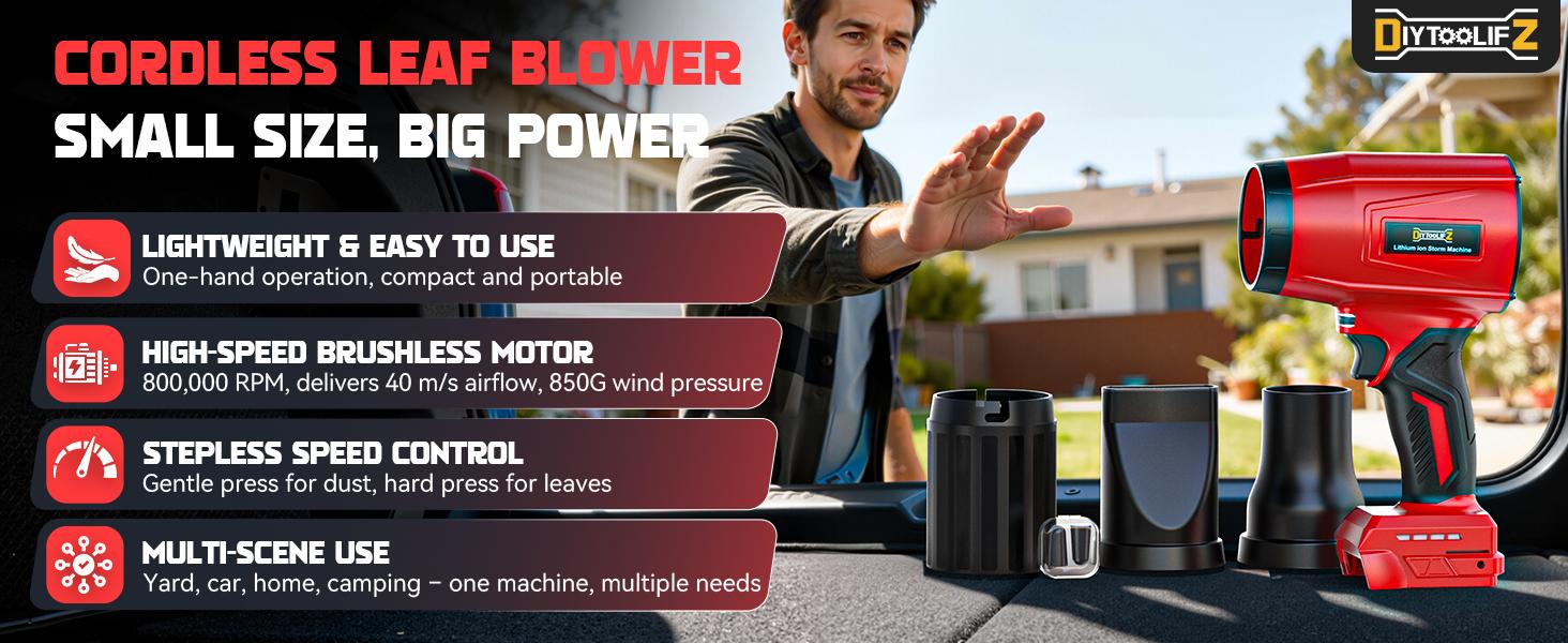 800,000RPM Leaf Blower Compatible with (Tool Only), Brushless Motor, Speed, Lightweight Blower for Car,, (Battery)