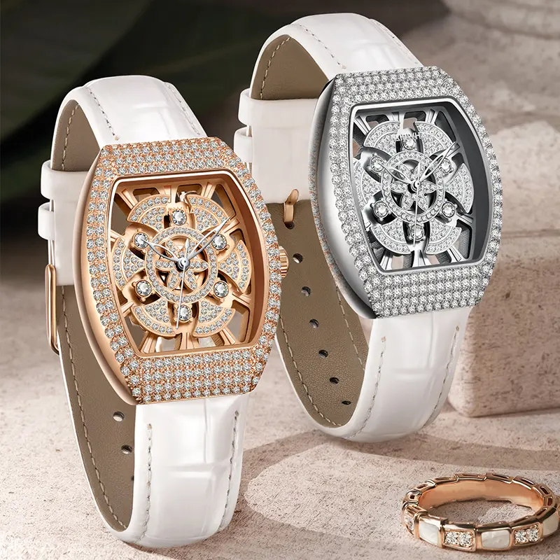 Mark Fairwhale Luxury Rotating flower dial Women's Watches Quartz Skeleton Tonneau Leather Diamond 3560 fully encrusted