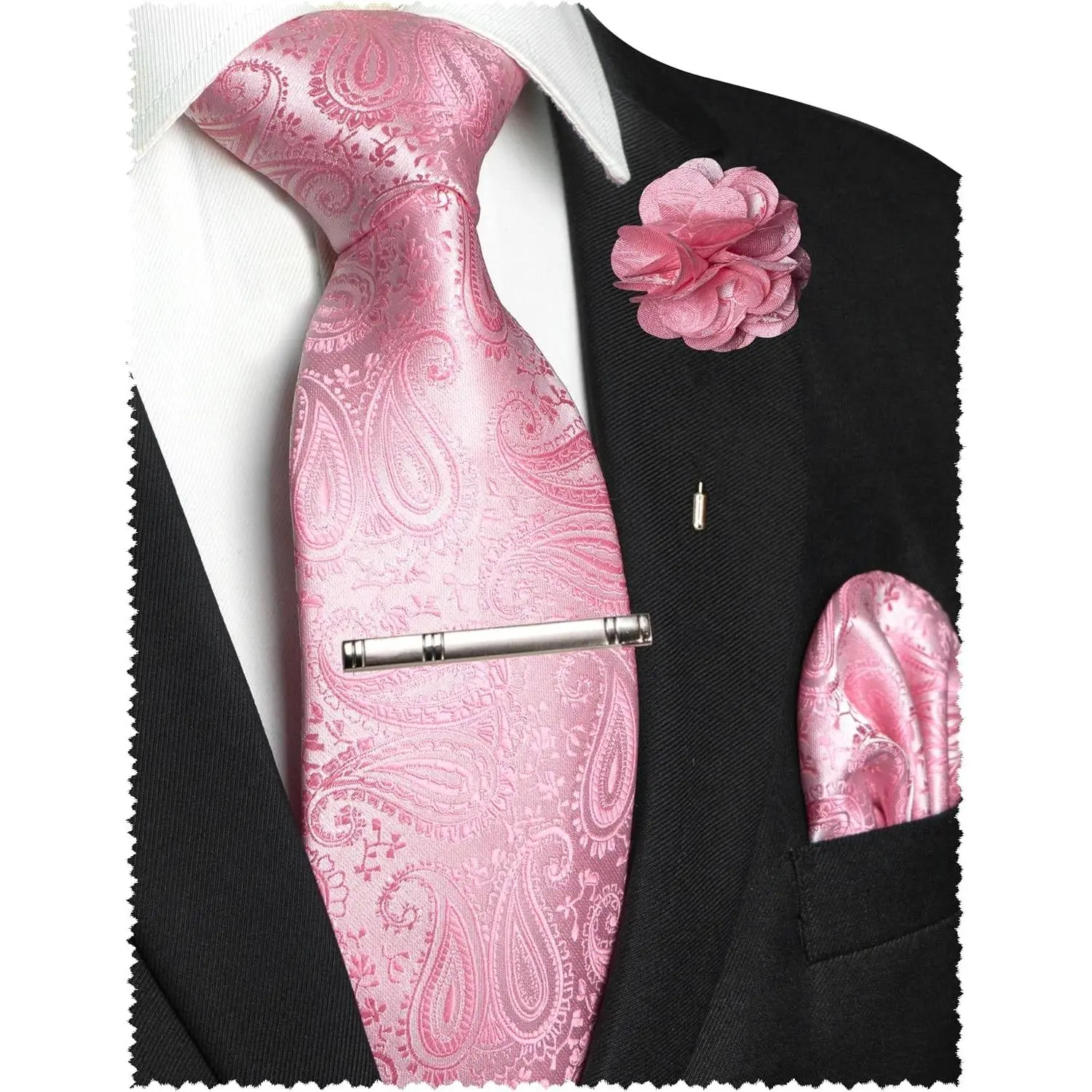 Men's Paisley Tie Set with Lapel Pin, Pocket Square and Tie Clip - Business Casual 4-Piece SetGift