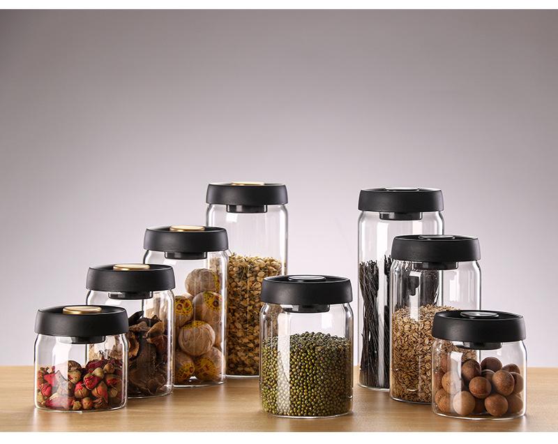High Borosilicate Glass Sealed Jar 500Ml Black Gold Cap Kitchen Grain Candy Jar Press-Type Vacuum-Sealed Storage Jar