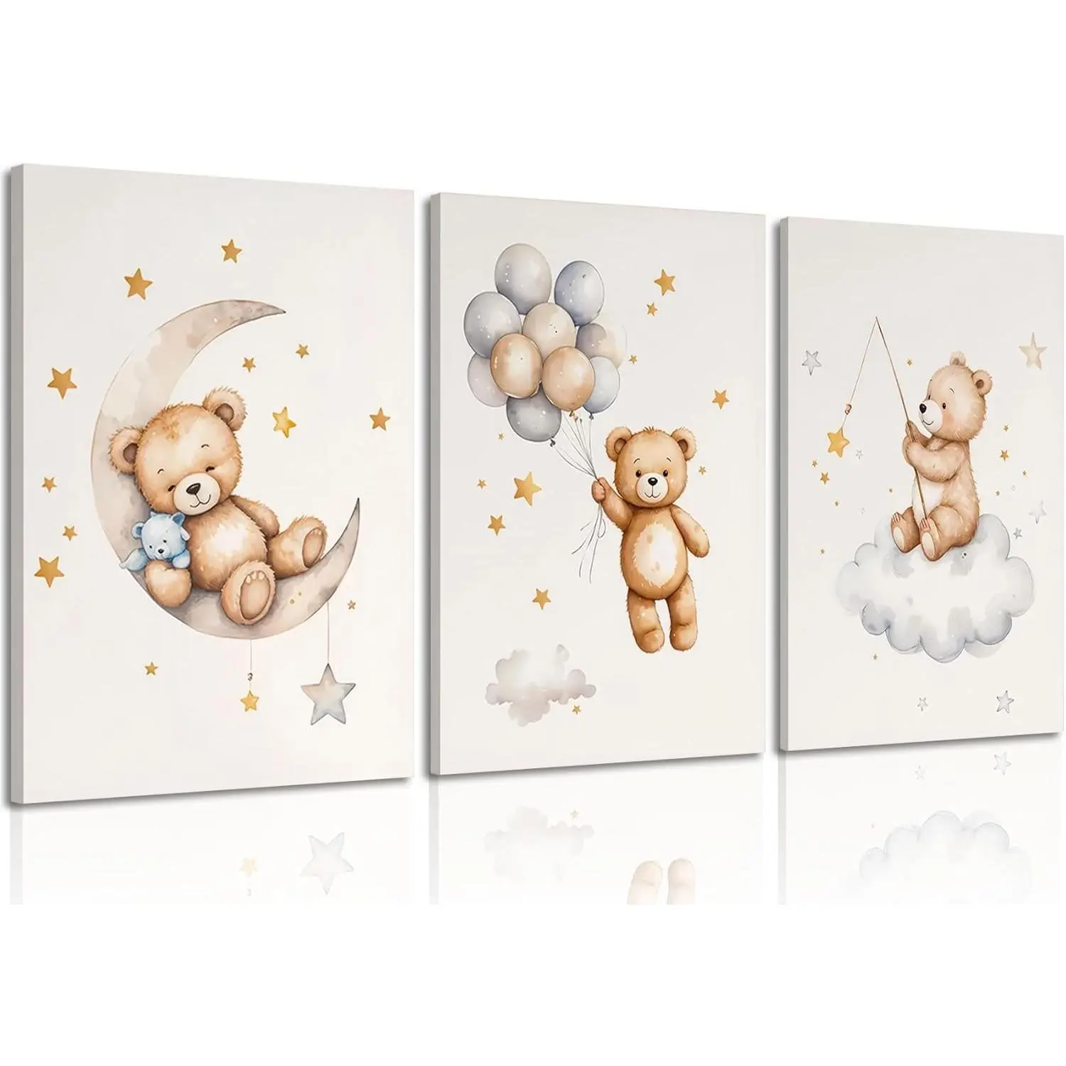 3-Pc Artistic Framed Teddy Bear Nursery Canvas Wall Decoration, Sleeping Animal Design on Moon & Stars, Balloon Cloud Neutral Prints for Kid Room Home Supplies, 12x16in Hanging Decor (Mother's Day Gift Option)
