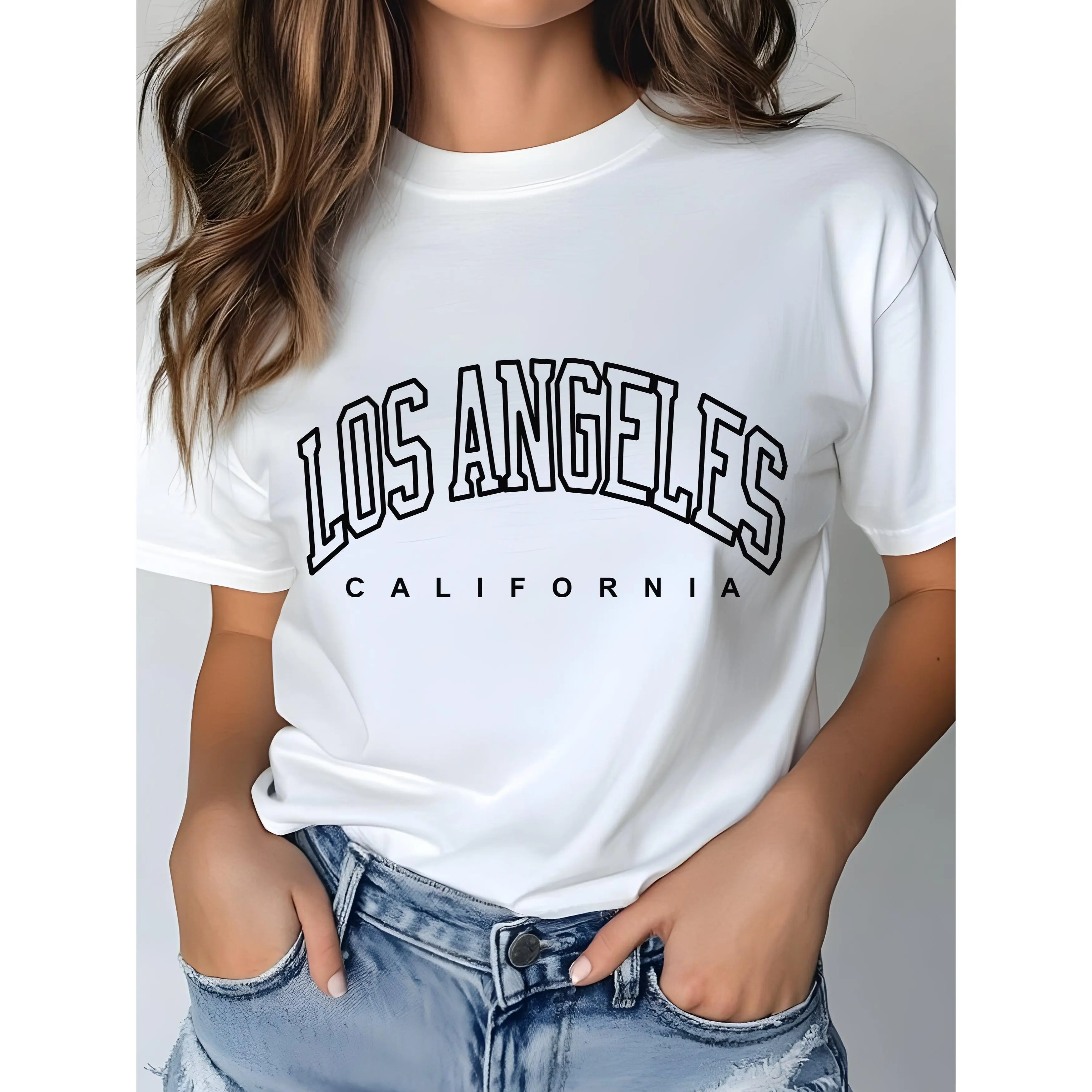Men's Traditional Classic Los Angeles Varsity Lettering Graphic Solid Short-Sleeve Crewneck Pure Cotton Sports Top - Breathable, Lightweight, Smooth Regular-Fit 1-Piece Vintage City Tee for Everyday & Streetwear Use