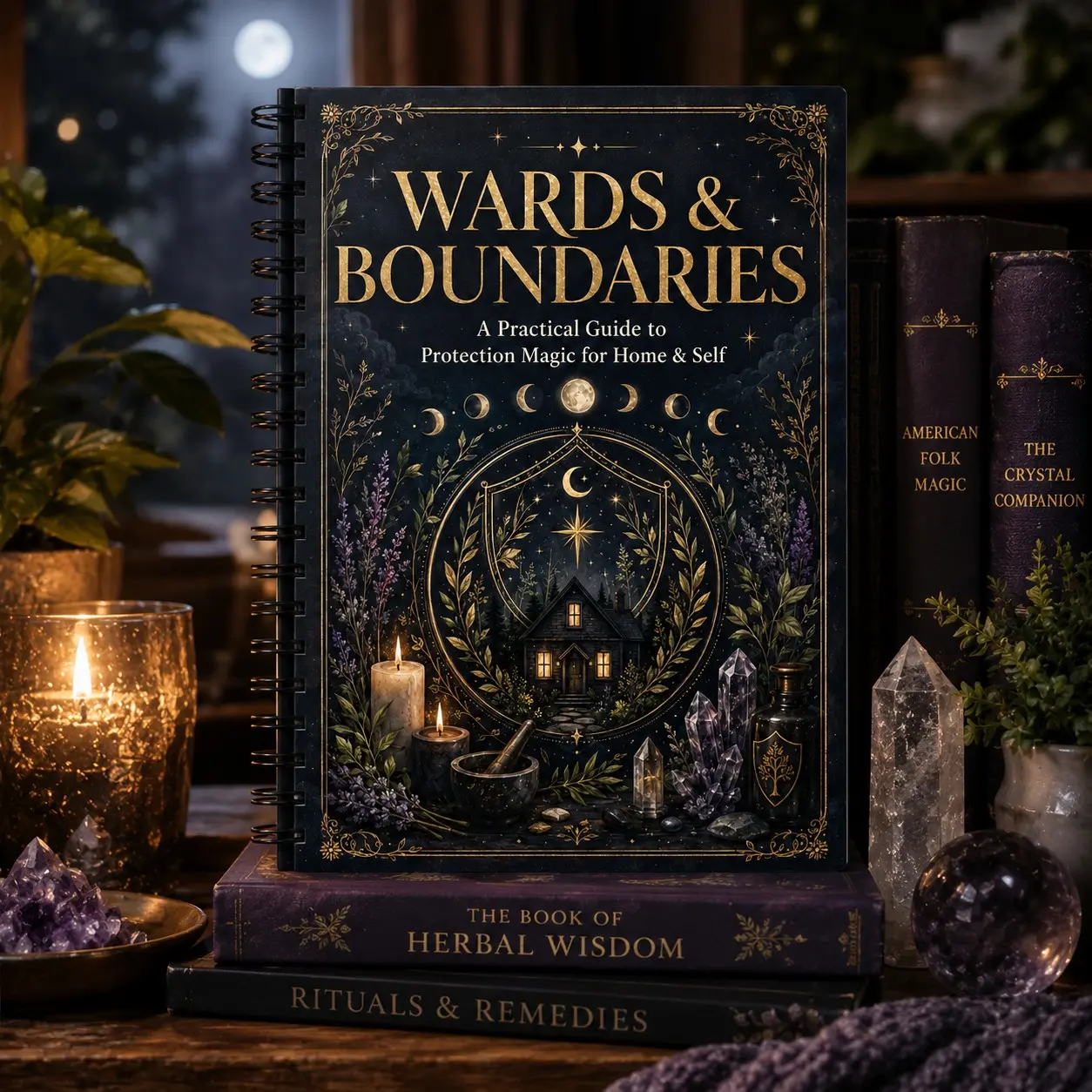 Wards & Boundaries A5 Spiral Notebook, Magic Protection Guide, Home & Self-Defense Theme, Mystical Moon Phase Crystal Style, Adult Gift Book, Notebook Journal