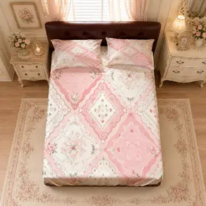 3pcs Pink Coquette Floral Patchwork Fitted Sheet Set, Single Side HD Print Mattress Cover with 2 Pillowcases No Pillow Inserts, Lace Heart Girly Bedding for Girls Dorm Bedroom & Holiday Gifts