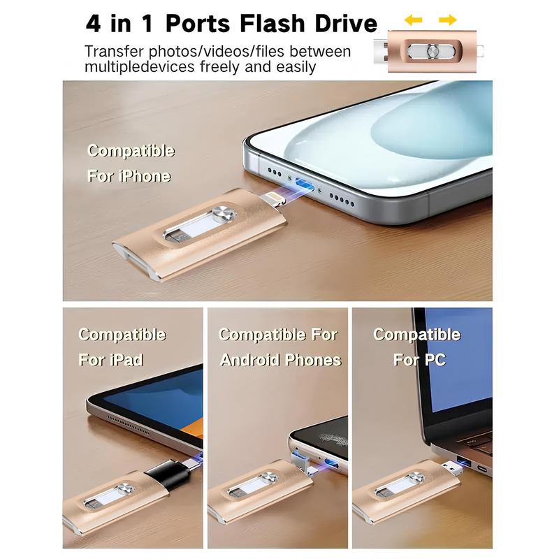 4-in-1 Flash Drive MFi Certified 128GB/64GB Portable USB OTG Memory Stick for iPhone iOS Android PC with Type-C Adapter High-Speed Data Transfer