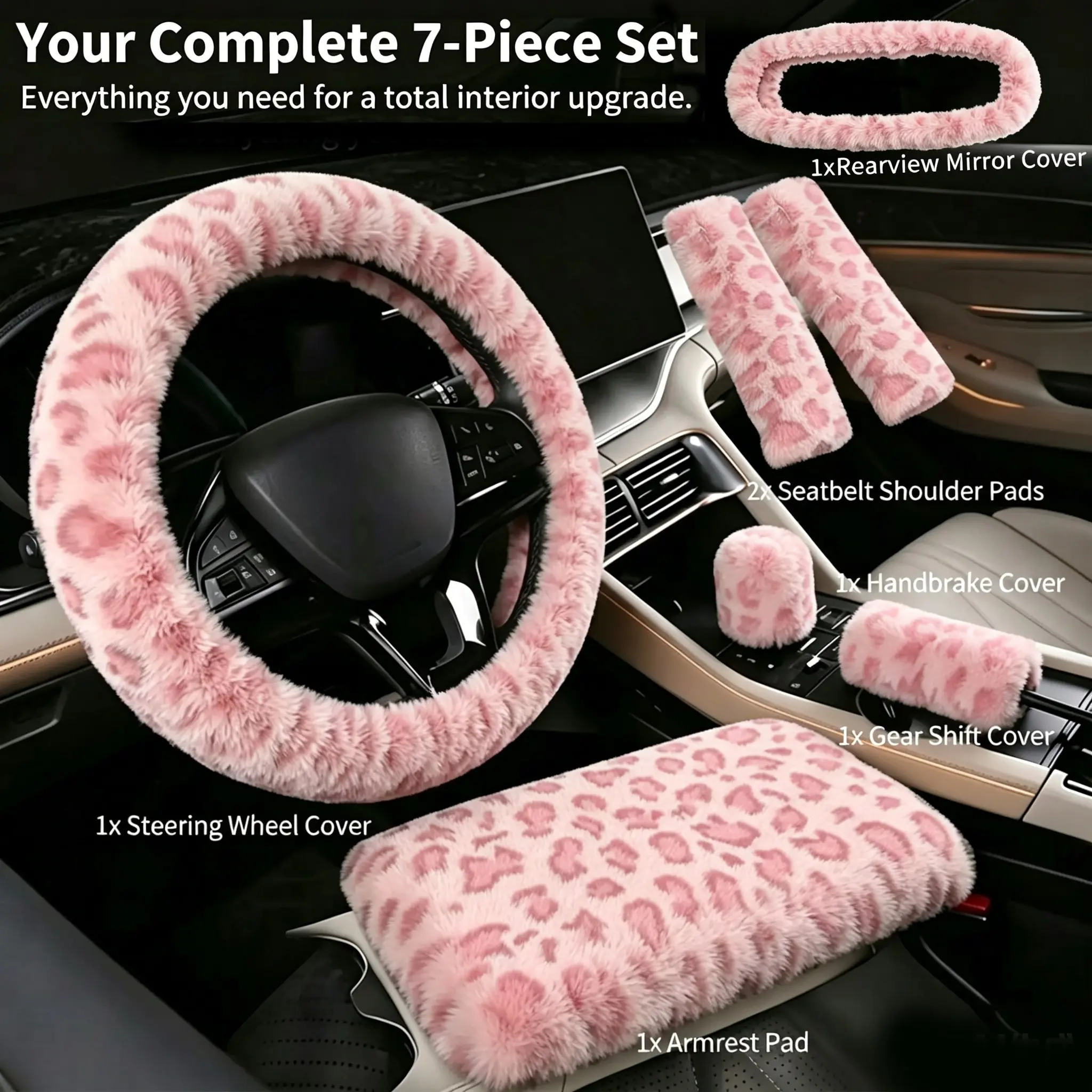 7-Piece Leopard Print Car Steering Wheel Covers, Winter Handbrake Gear Shoulder Pads, Rear View Mirror Kits, Universal Fit for 36-38cm Wheels, Car Decoration Set