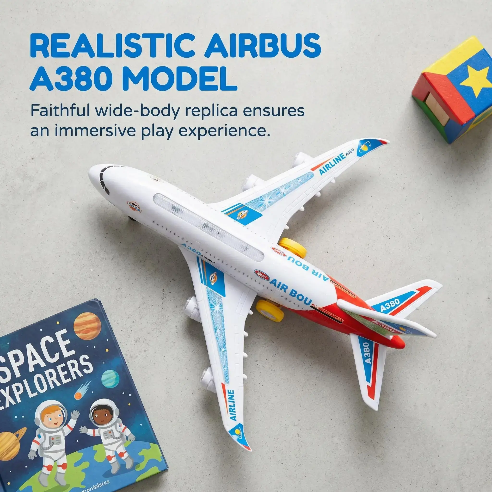 Unisex A380 Model RC Airplanes Electric Remote Control Toy for 3-4 Years Old Kids, Bump & Go Auto Turn, Lights, Realistic Sounds, Transportation-Themed Aircraft