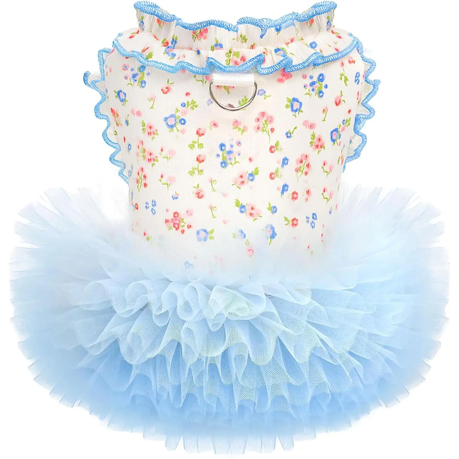 Floral  &  Dress with Tutu Skirt - Breathable Stretch  Clothes for Small Dogs Girl Cats & Puppies Birthday Party Outfit (Blue,X-Small)