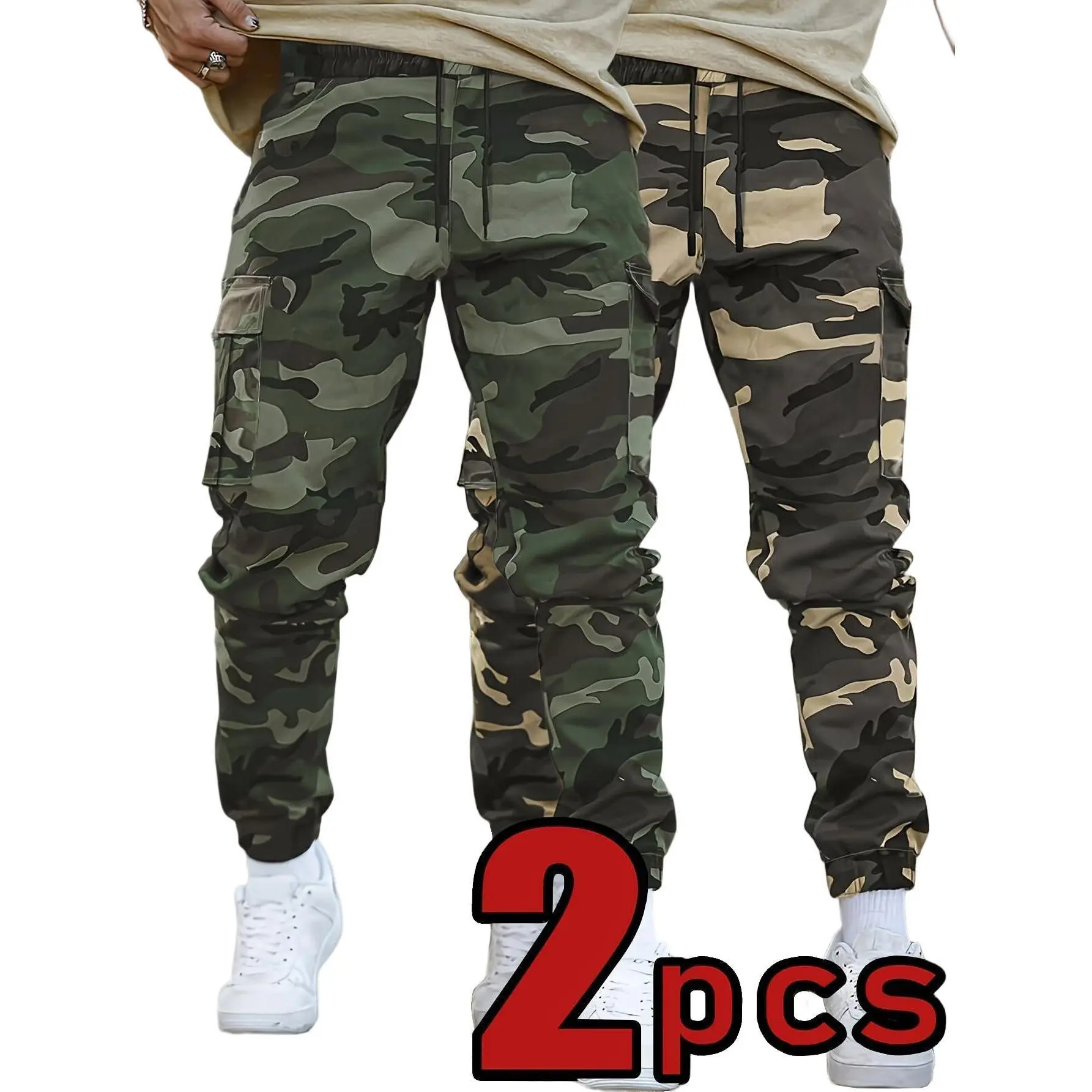 "2-Pack Men's Camo Workwear Sweatpants | Loose Straight-Cut Shorts with Belt + Drawstring | Durable & Versatile for Travel, Hiking & Daily Wear"