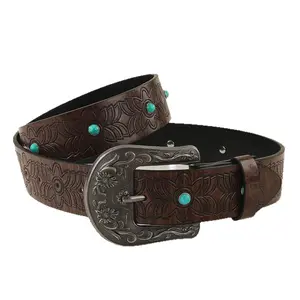 Boho Western Tooled Leather Belt with Turquoise Accents