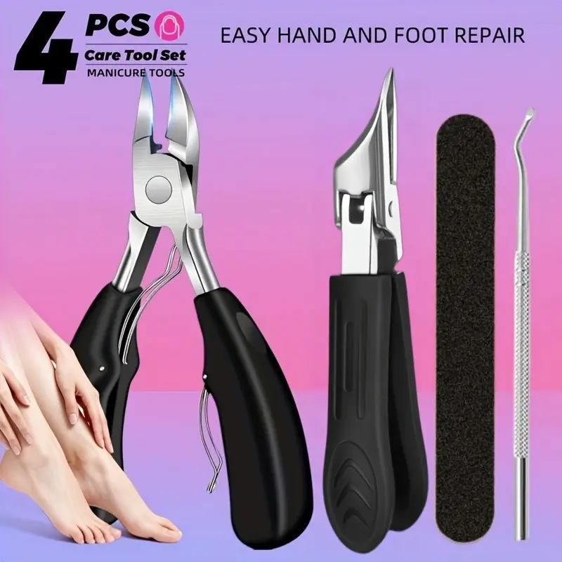 4-Piece Stainless Steel Ingrown Toenail Care Set, Pedicure Tool, Nail Clippers, Handle, for Men Women Elderly, Includes File & Dead Skin Remover