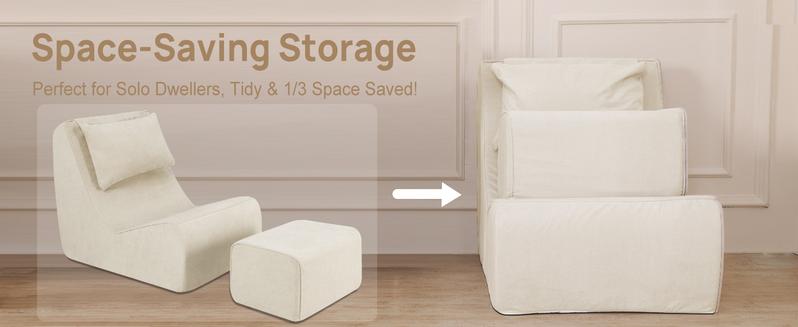 Giant Bean Bag Chair for Adults - Indoor Chaise Lounge with Neck Pillow & Ottoman, All-in-One Sponge Design, Comfy Floor Chair for Reading, Gaming, Napping, and Movies (Khaki)