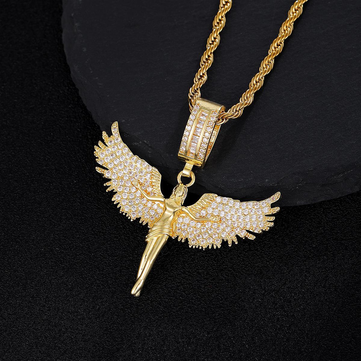 Full of Diamonds Angel Muse Spreads Wings Three-dimensional Feathers Fallen Angel Pendant | Hip Hop Trend Sweater Chain for Men and Women | Dainty Gold Initial Letter Necklace | Stylish Daily Wear Jewelry & Perfect Gift for Him