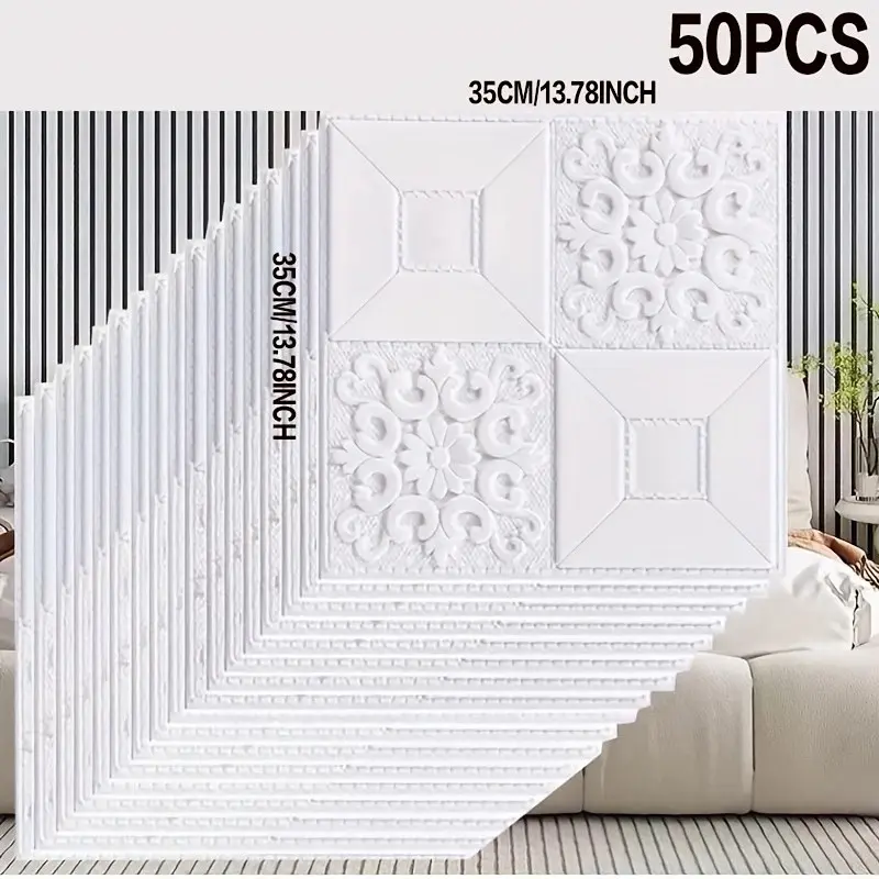 50 Sheets 3D Wallpaper, Self-Adhesive Foam Wall Paper, Waterproof & Easy Clean, Ideal for Bedroom, Living Room, Ceiling, Balcony Decor