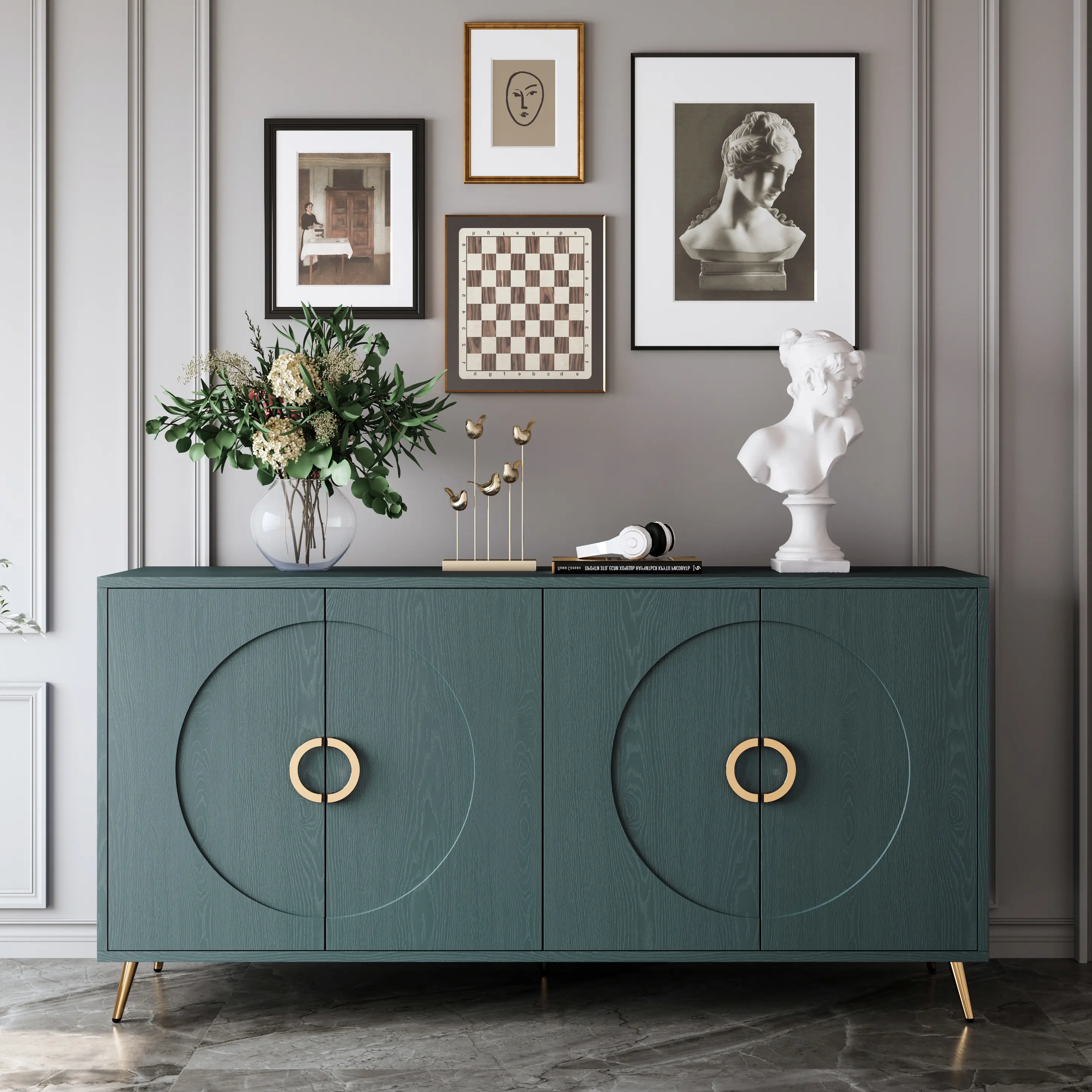 60" Italian Luxury Dark Green Wood Grain Sideboard Cabinet - 4 Round Embossed Doors, Gold Handles, Adjustable Shelves, Modern Buffet Credenza for Dining Room, Living Room Storage, 60 Inch, Round Doors