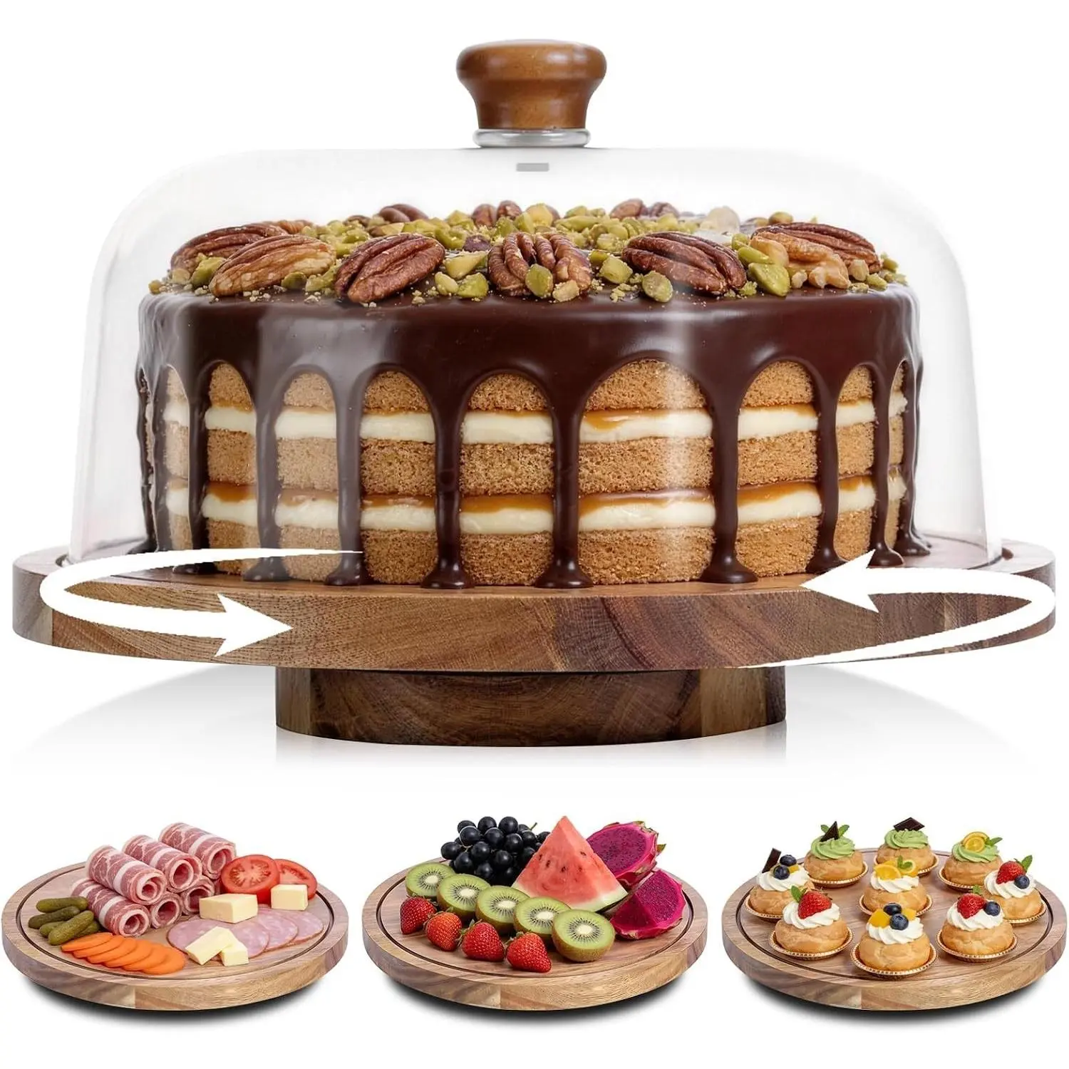 Acacia Wood Cake Stand with Lid, 12in Wooden Cake Stand with Acrylic Dome, Cake Display Stand with Acrylic Dome for Baking, Wedding, Kitchen, Birthday, Parties