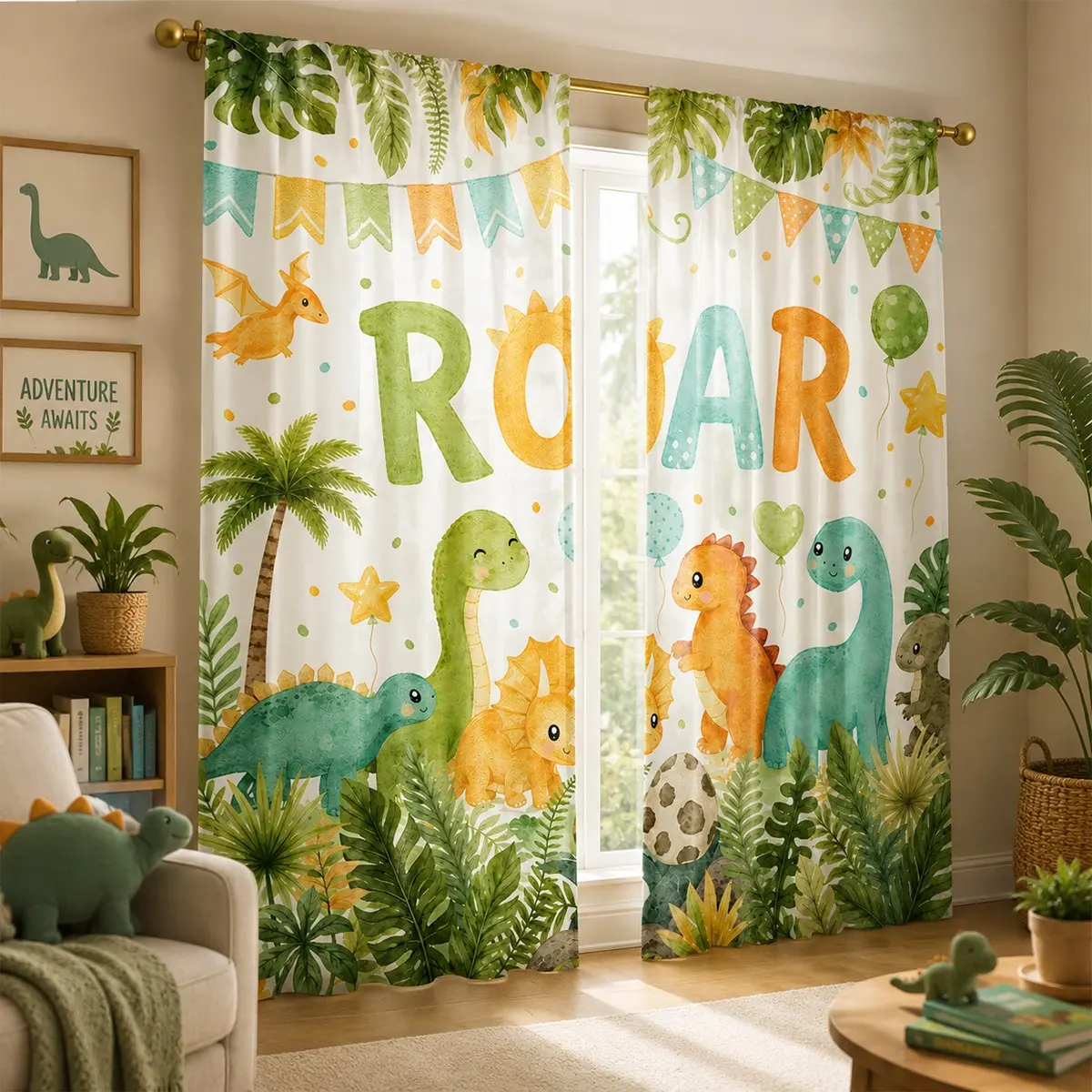 Cartoon Dinosaur Roar Window Curtain Set, 2-Piece Kids Blackout Watercolor Plant Print, Boy Bedroom Infant Room Jurassic Theme Decor