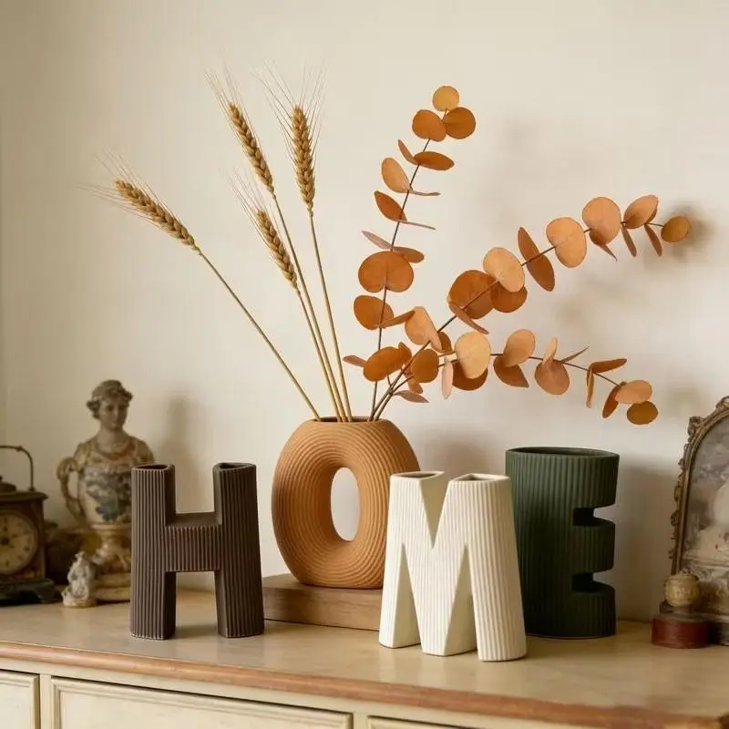 HOME Letter Family Style Ceramic Flower Vase Set - Suitable for Living Room, Bedroom, Entrance Hall, Shelves, Decorative Flower Containers, Home Decoration, Wedding Decoration