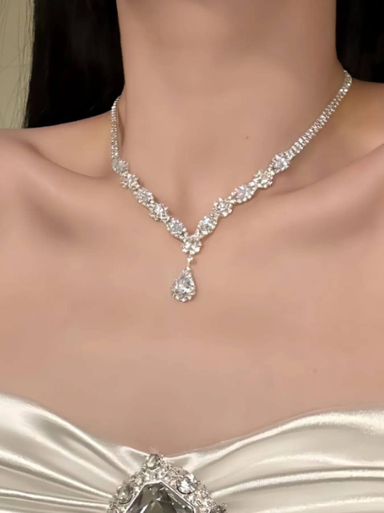 Silver Color Bridal Jewelry Set, V Shape Full Pave Cubic Zirconia, Teardrop Y Drop Necklace & Earrings, Hypoallergenic, Wedding Prom