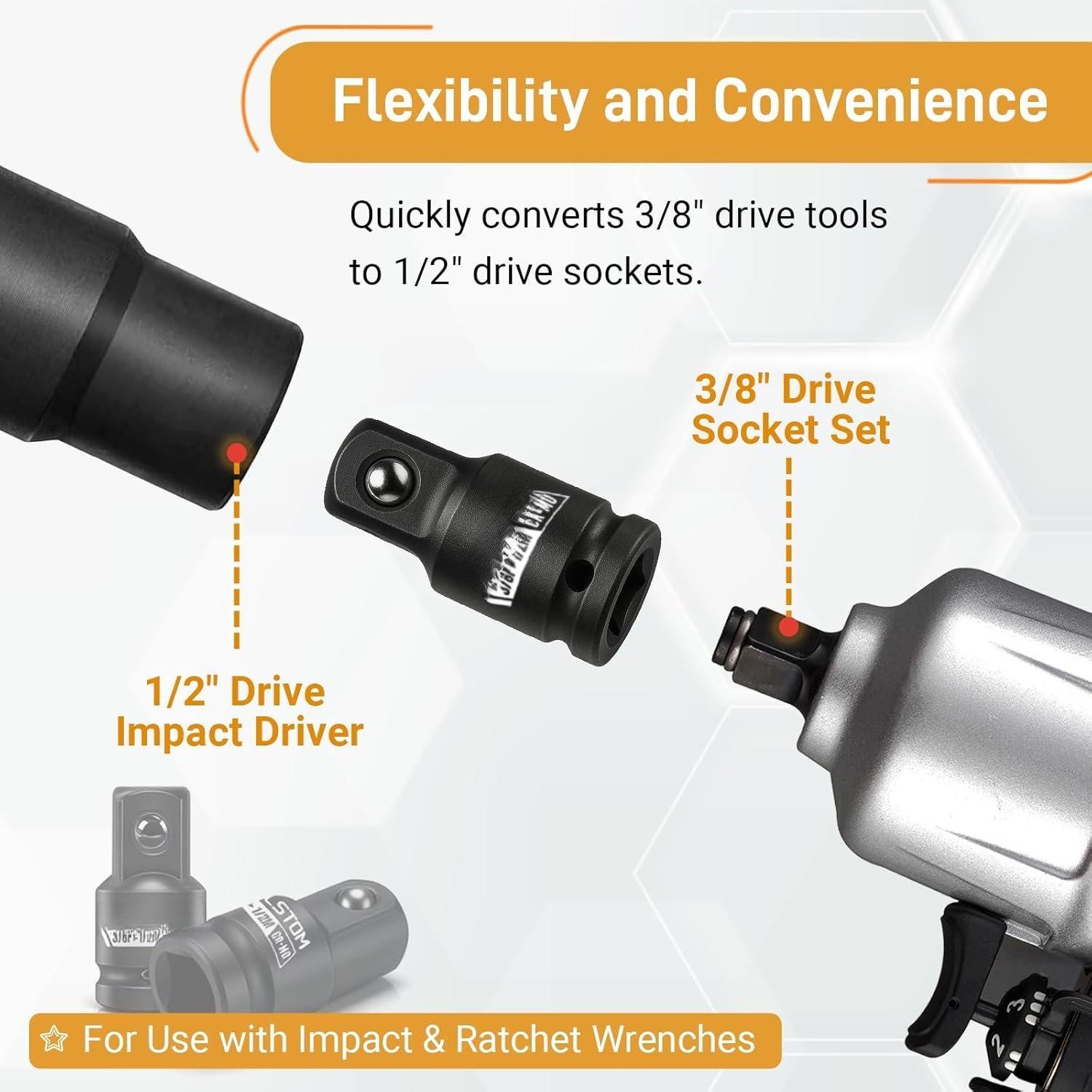 2 count 3/8" to 1/2" Impact Socket Adapter Set, 3/8" Drive Impact Driver Conversions for Impact Wrench, Breaker Bar, Ratchet Drive, Chrome Molybdenum Alloy Steel