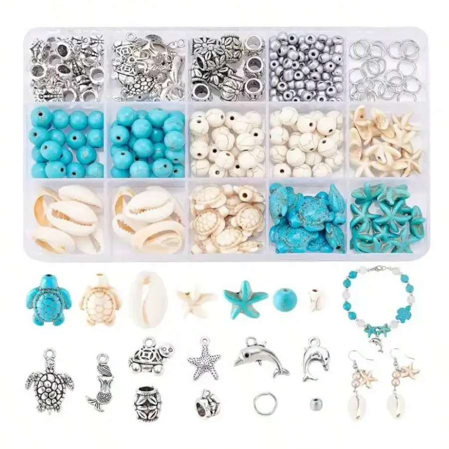 Unisex 3200pcs Ocean Breeze Jewelry Making Kit - Ocean Themed Stuff with Natural Stones, Polymer Clay Beads, Turtle Motif for Crafting Summer Friendship Bracelets