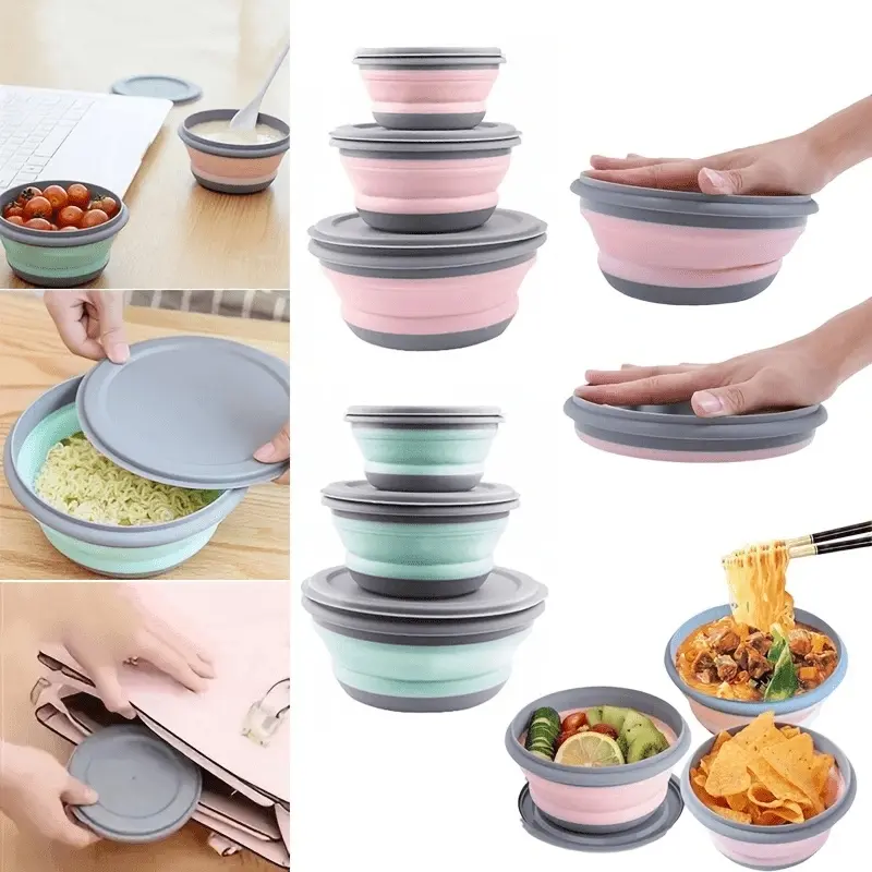 3pcs/Set Camping Bowl Foldable Collapsible Bowl Lunch Box Salad Bowl Lid Expandable Food Storage Container Bento Box