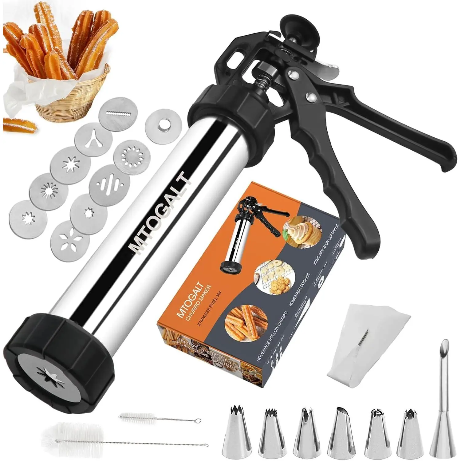 21-Piece Stainless Steel Churro Maker Machine Kit, Churro Gun & Cookie Press Set with Piping Bag and 2 Cleaning Brushes