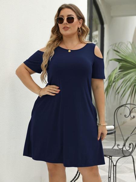 Women's Round Neck Off-Shoulder Elastic Casual Long Dress, Plus Size, Comfortable Fabric, Perfect for Travel & Various Occasions