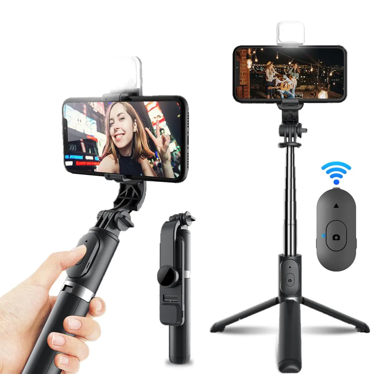 HOTSIAD Portable Selfie Stick Tripod with Built-In Adjustable Light and Wireless Remote, Compact Foldable Phone Tripod with 360° Rotating Holder for Travel, Vlogs and Group Photos