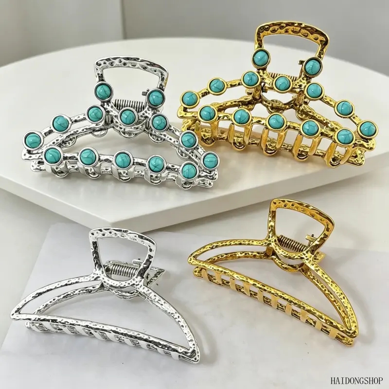 2Pcs Vintage Western Turquoise Inlaid Hair Claw Clips, Boho Retro Firm Grip Jaw Barrettes, Thick Hair Friendly Elegant Hair Decor For Women Daily Messy Bun Western Casual Picnic Outfits