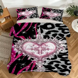 Y2K Coquette Glitter Cross Heart Duvet Cover Set, 2/3pcs No Filling – Digital Print Bedding Set, Great for Goth Coquette Room, Teen Hangout Space, Apartment, Y2K Content‑Shooting Background, Teen Girl Room, Goth Dorm