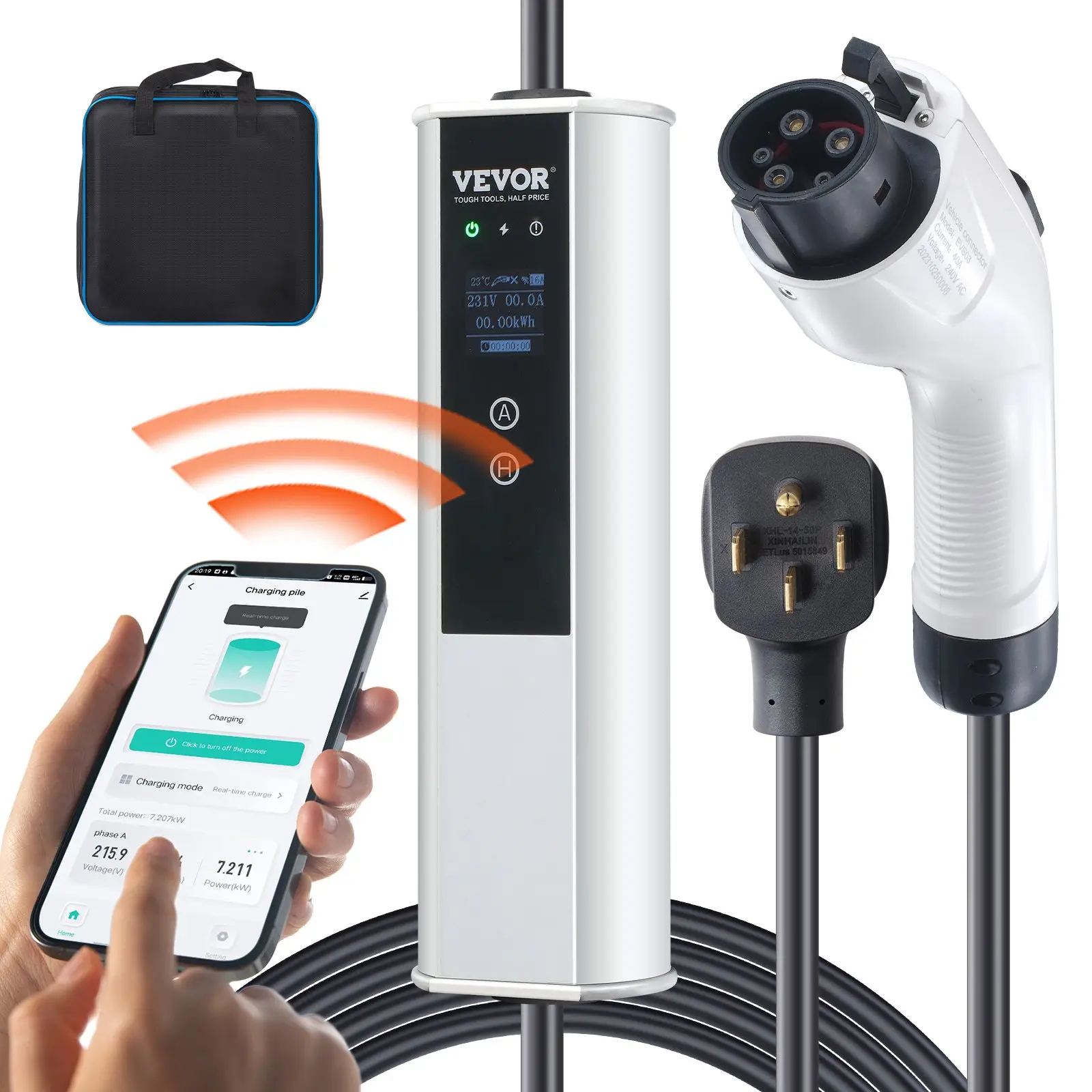 VEVOR Level 2 Portable EV Charger, 40A 240V, Electric Vehicle Charger with 25 ft Charging Cable NEMA 14-50P Plug, 40A/32A/24A/16A Adjustable Current Plug-in Home EV Charging Station for SAE J1772 EVs, 40A Max, Adjustable Amps