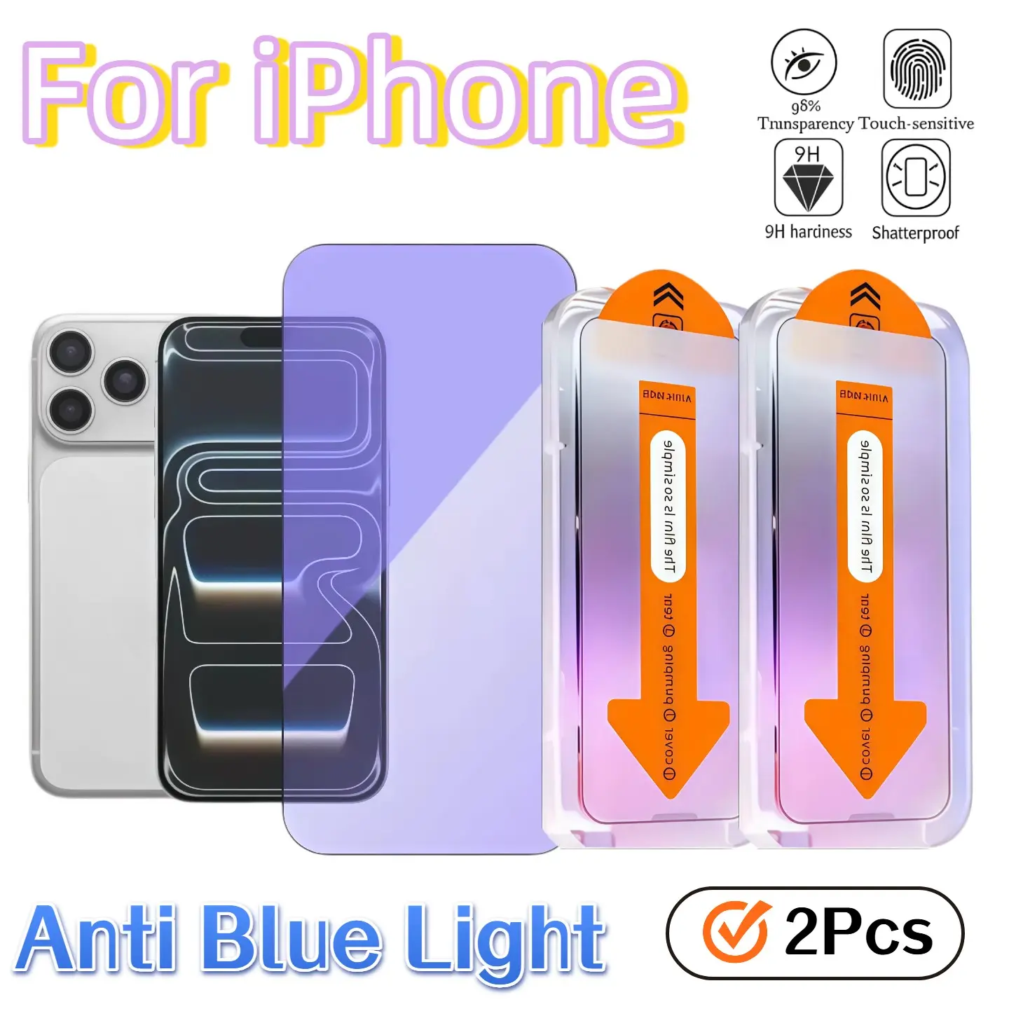 2-Pack Anti-Blue Light Tempered Glass Screen Protector for iPhone 17 16 15 14 13 12 11 Pro Max, Full Coverage, 9h Hardness, Bubble-Free