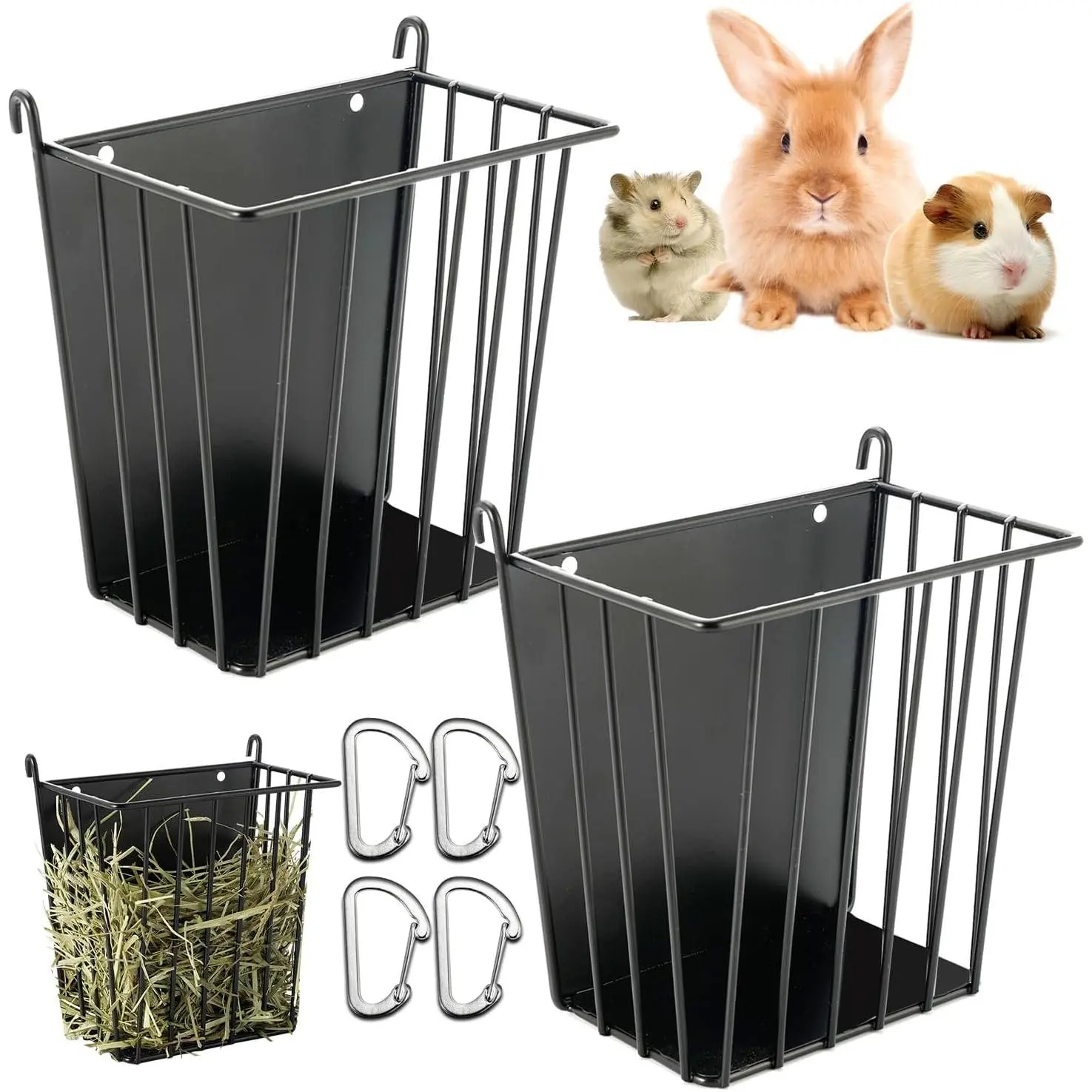 Upgrades 2 count Hay Feeder  - Guinea Pig - Metal Frame Hay Rack with Adjustable Hook - Less Wasted - for Guinea Pig, Bunny, Chinchilla Cage Accessories - Bunny Feeder