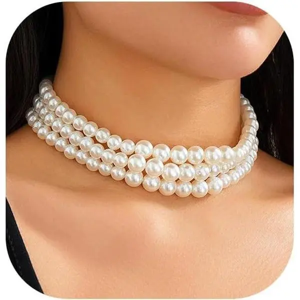 Women's Chunky Thick Clavicle Choker Necklace - Layered Fashion Artificial Pearl Statement Jewelry for Weddings, Chunky Thick Clavicle Necklace