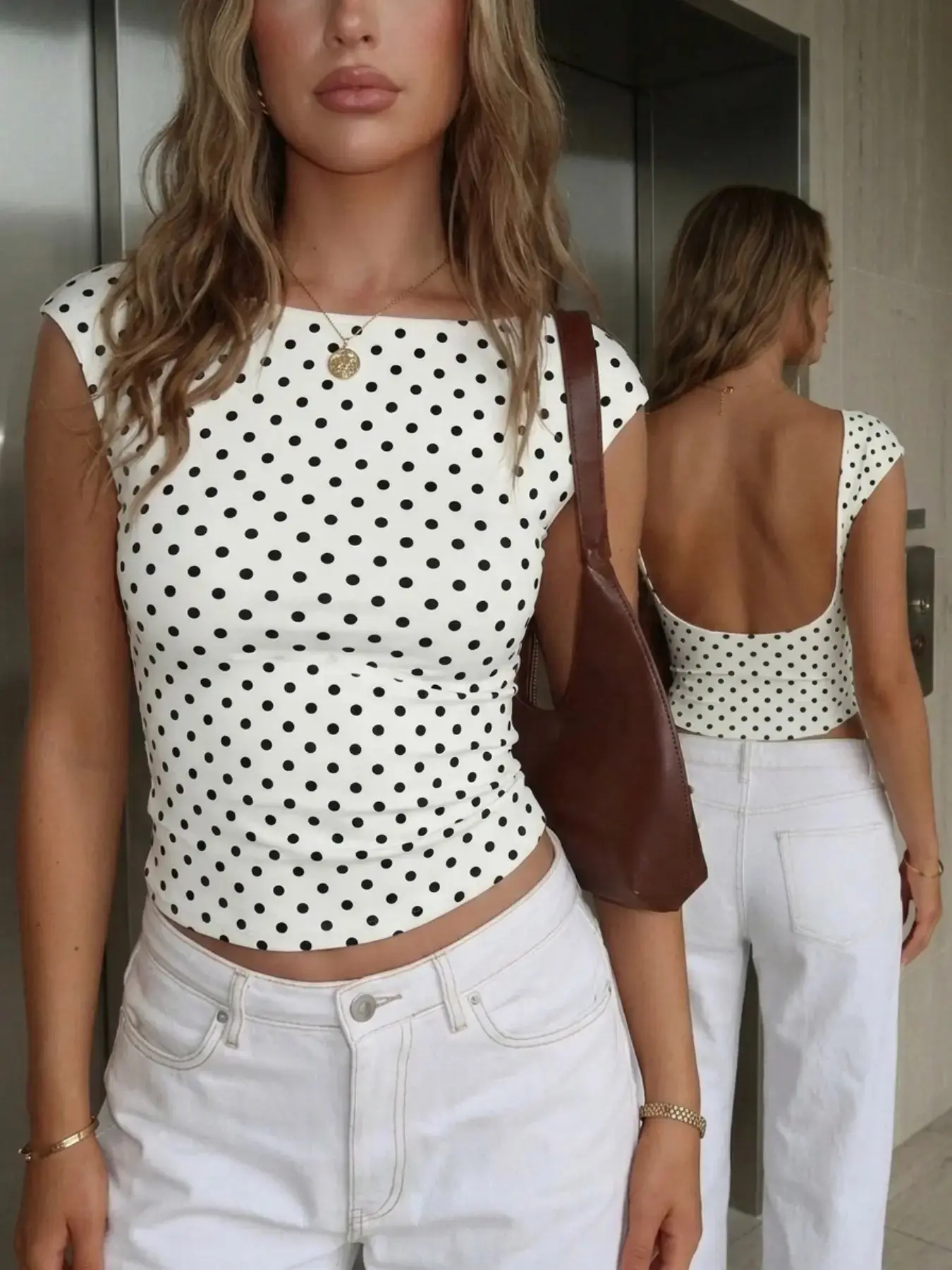 Women's Black and White Polka Dot Backless Top, Ladies Sexy U-Back Cap Sleeve Top, Elegant Boat Neck, for Summer Casual Wear