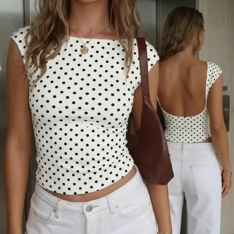 Women's Black and White Polka Dot Backless Top, Ladies Sexy U-Back Cap Sleeve Top, Elegant Boat Neck, for Summer Casual Wear, Casual Blouse