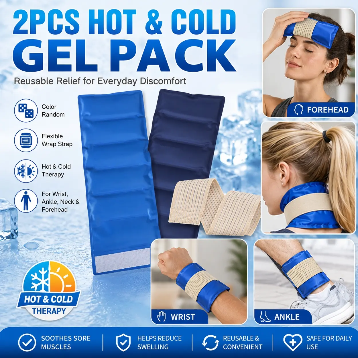 2Pcs Reusable Hot and Cold Gel Ice Packs with Adjustable Wrap Strap, Flexible Soft Gel Compress Bags for Wrist Shoulder Waist Knee Neck Ankle, Microwave Freezer Friendly Cooling Heating Pack for Gym, Outdoor, Home, Office and Travel Comfort