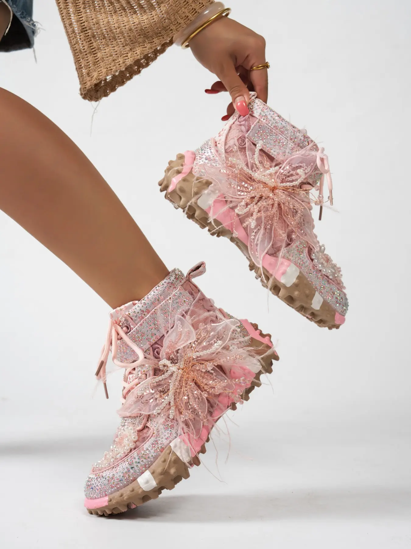Women's High-Top Work Boots, Mesh Butterfly Knot, Thick Sole, Fashionable PU Leather, All Seasons, Sweet Cool Style