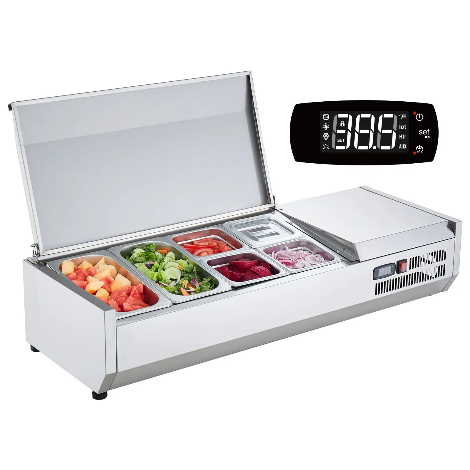 【DealsForYouDays】VEVOR Refrigerated Condiment Prep Station, 135 W Countertop Refrigerated Condiment Station, with 2 1/3 Pans 4 1/6 Pans, 304 Stainless Body and PC Lid, Sandwich Prep Table with Stainless Guard, ETL