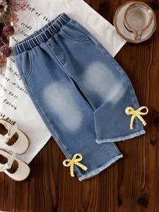 Girls' Casual Fashion 3D Butterfly Knot Fringe Elastic Waist Straight Leg Jeans Pants, Trendy Kids Clothing, Comfortable & Stylish