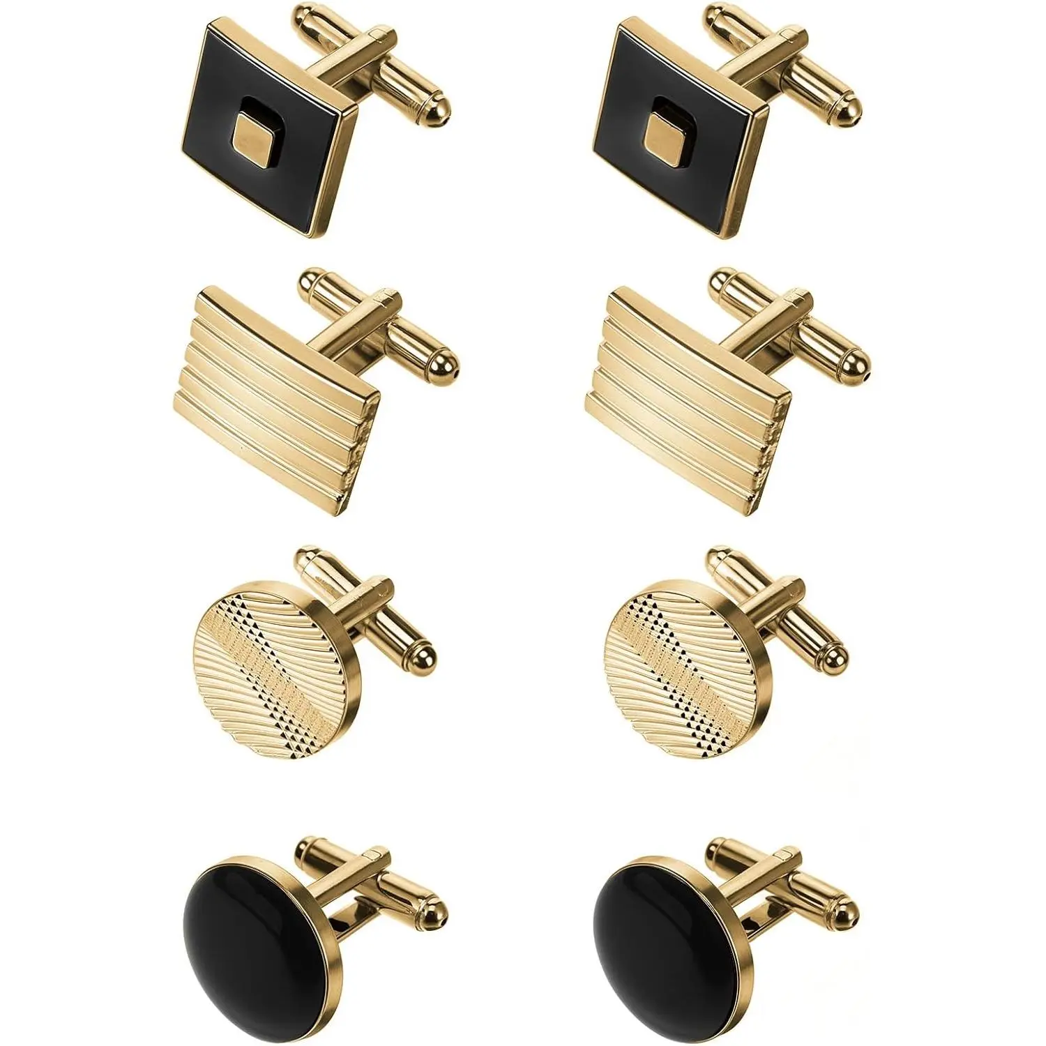 4 Pairs Cufflinks for Men Classic Tone Cuff Links Fashion Men Cufflinks Gold/Sliver Striped Disc Square Rectangle Cuff Links for Business Wedding Party Gift Box.