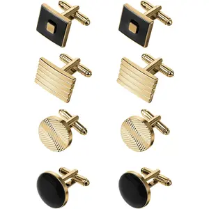 4 Pairs Cufflinks for Men Classic Tone Cuff Links Fashion Men Cufflinks Gold/Sliver Striped Disc Square Rectangle Cuff Links for Business Wedding Party Gift BoxGift.