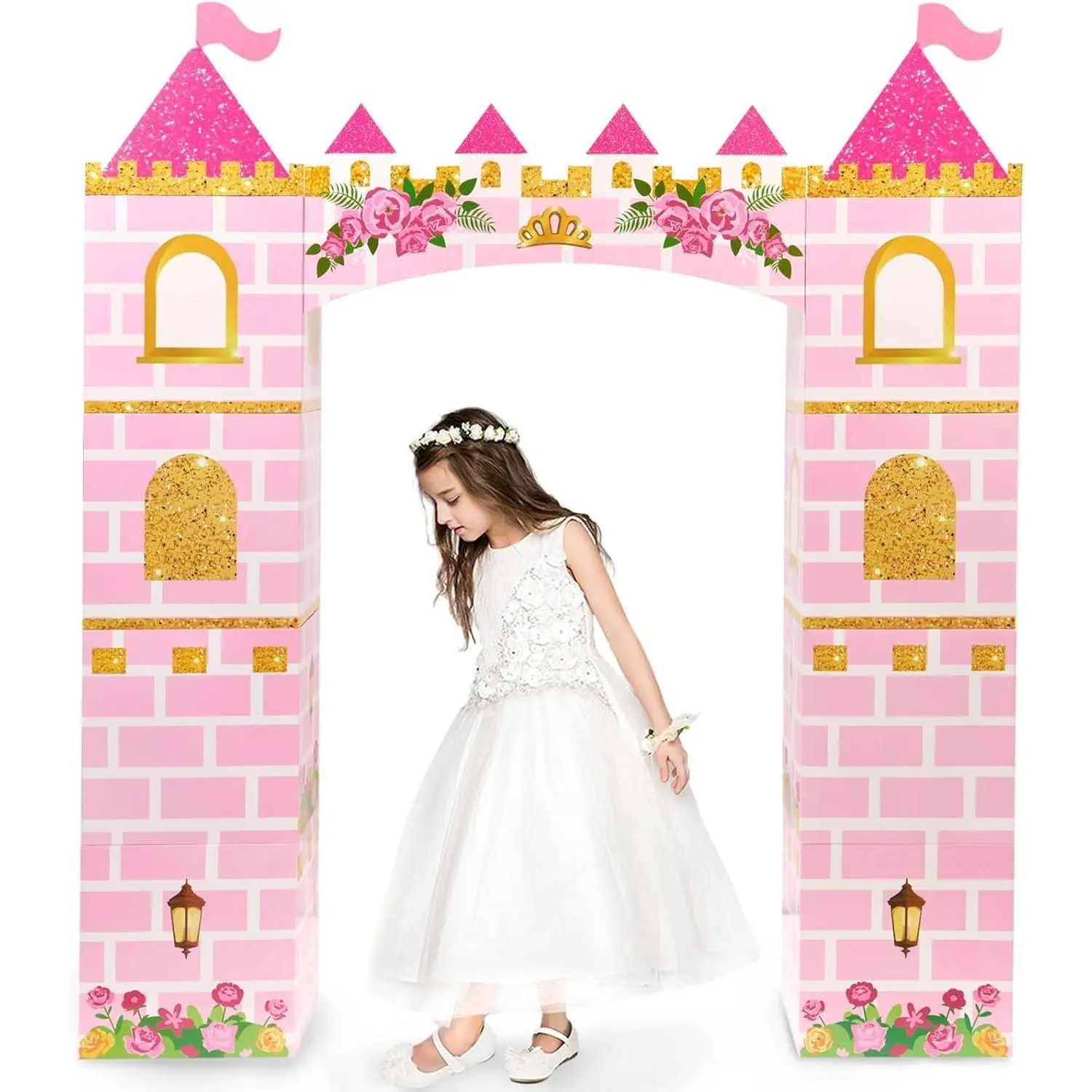 Pink Princess Cardboard Castle Playhouse - 58.2" Large DIY Foldable Castle Backdrop, Great for Princess Birthday Party, Girls Photo Booth and Baby Shower Decorations