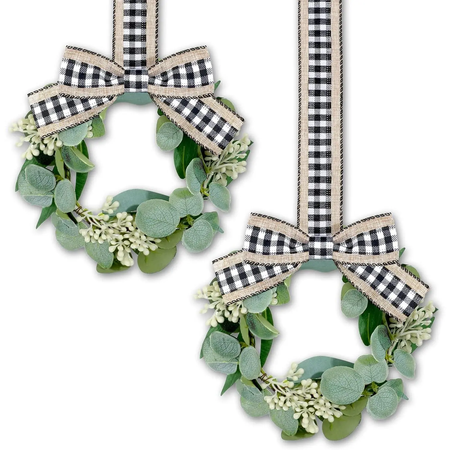 2 Pieces 9" Mini Eucalyptus Wreath Artificial Spring Summer Greenery Wreath for Front Door Farmhouse Kitchen Cabinet with Ribbon for Porch Wall Window Decor(Plaid Bow Style)