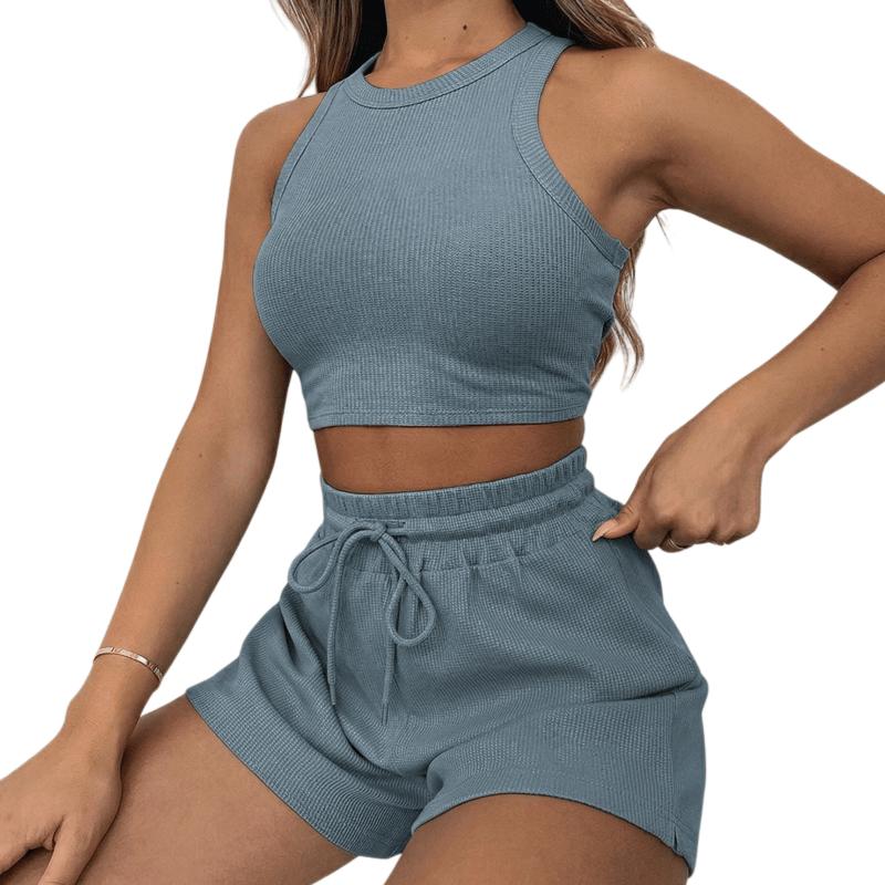 Women's 2-Piece Waffle Knit Lounge Set - Crop Tank Top & Drawstring Shorts Outfit