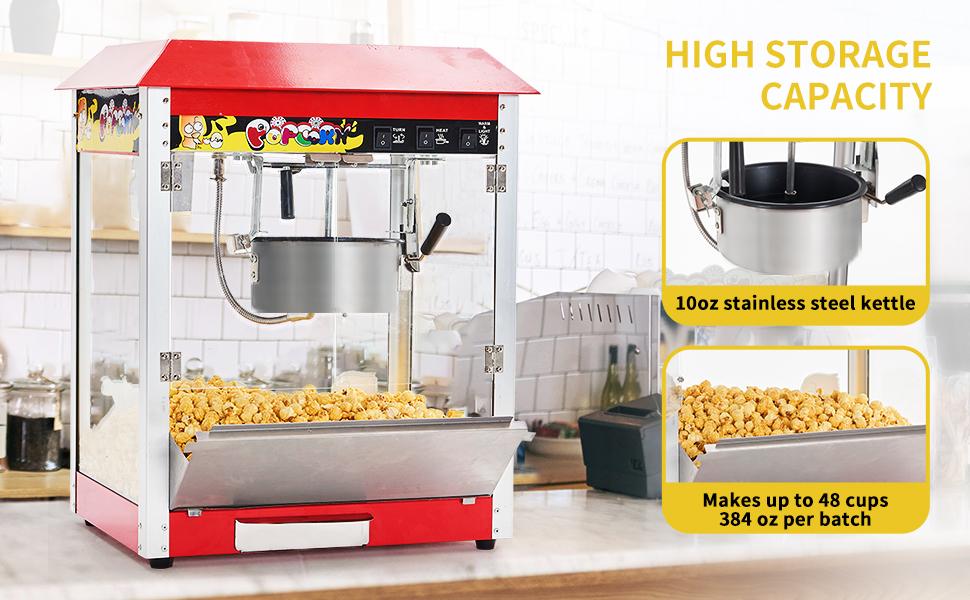 Commercial Popcorn Machine, 10 Oz Kettle, 1300W Countertop Popcorn Maker for 60 Cups per Batch, Movie Theater Popcorn Popper with 3-Switch Control, 2 Scoops 1 Cup, Red (18.5''L*12.8''W*25.8''H)