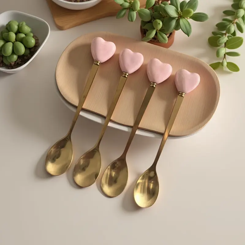 4Piece Premium Luxury 410 Stainless Steel Candy Spoons with Heart Ceramic Handle Gold Plated Ideal for Afternoon Tea Desserts  Wedding Travel Elegant Serving Utensils Spoons Set