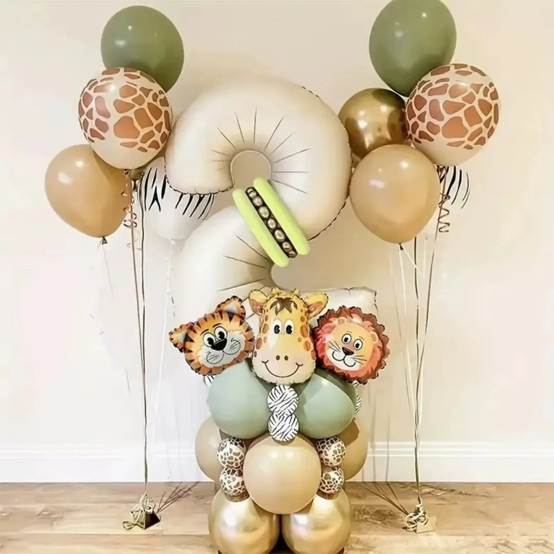 40pcs Animal Theme Balloons Set, Giraffe Tiger Lion, 32 Inch Number Birthday Balloons, Kids Party Decoration, Choking Hazard Warning