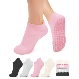 4 Pairs Non Slip Yoga Socks for Women, Sticky Grippers Pilates Barre Socks with Cushioned Sole, Anti-Skid Hospital Socks for Ballet Dance Home Workout, Athletic Low Cut Ankle Socks with Heel Tab (Multi-Color)